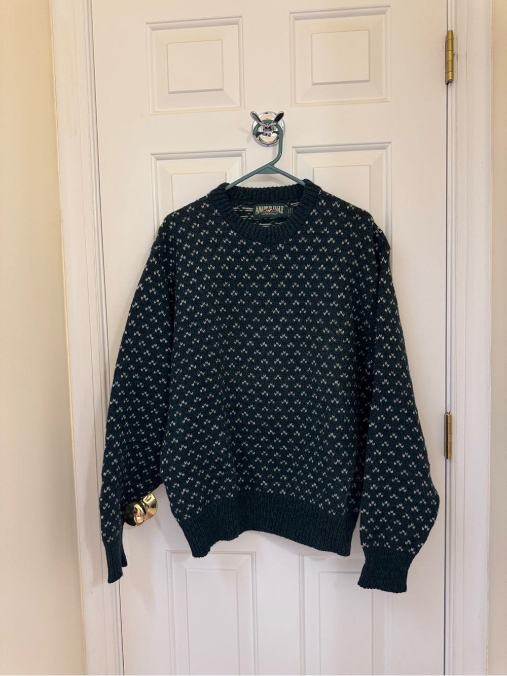 Vintage American Eagle Outfitters Dark Teal and Cream Crewneck Sweater